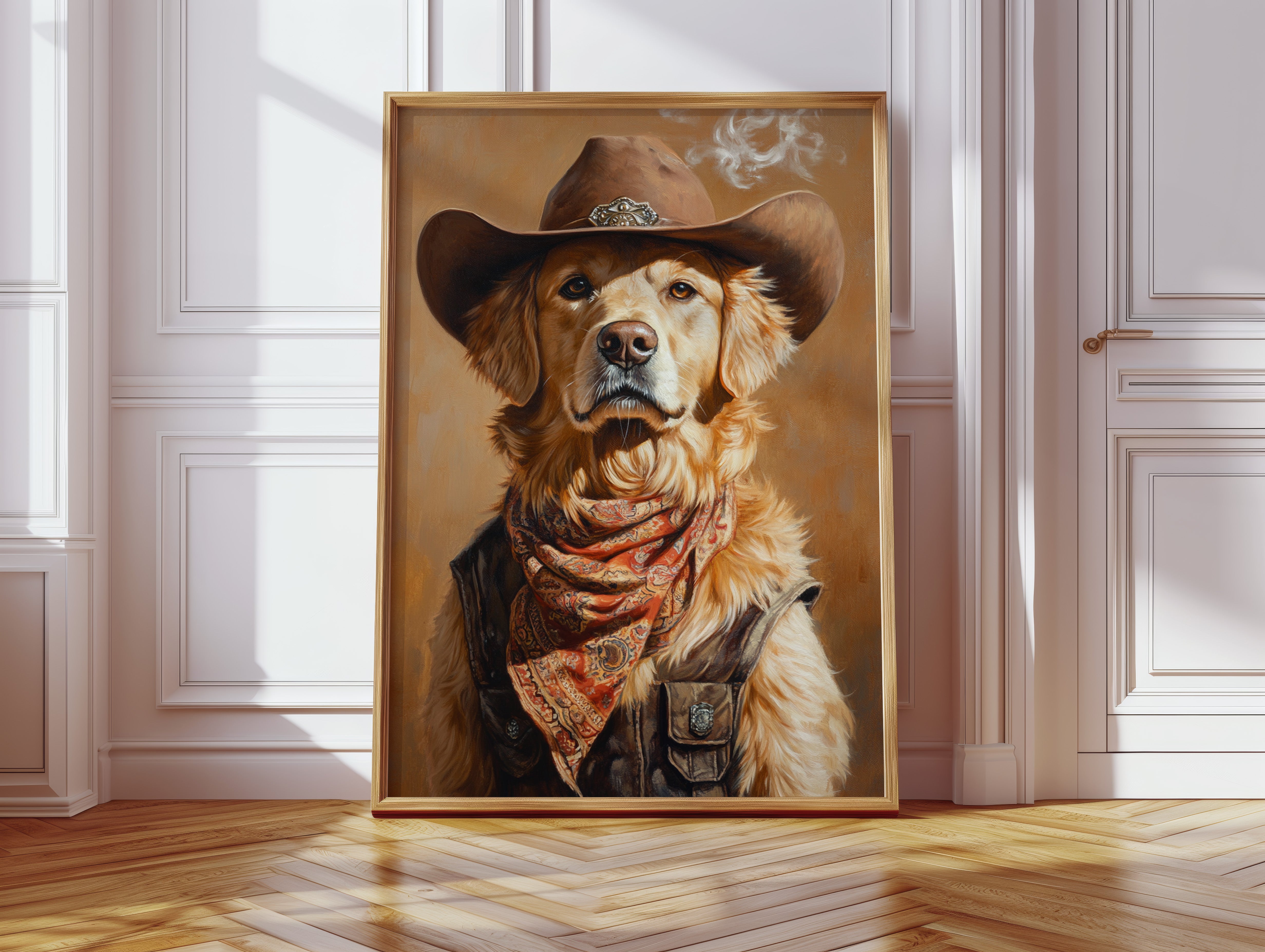 Golden Retriever Gunslinger in a Cowboy Hat