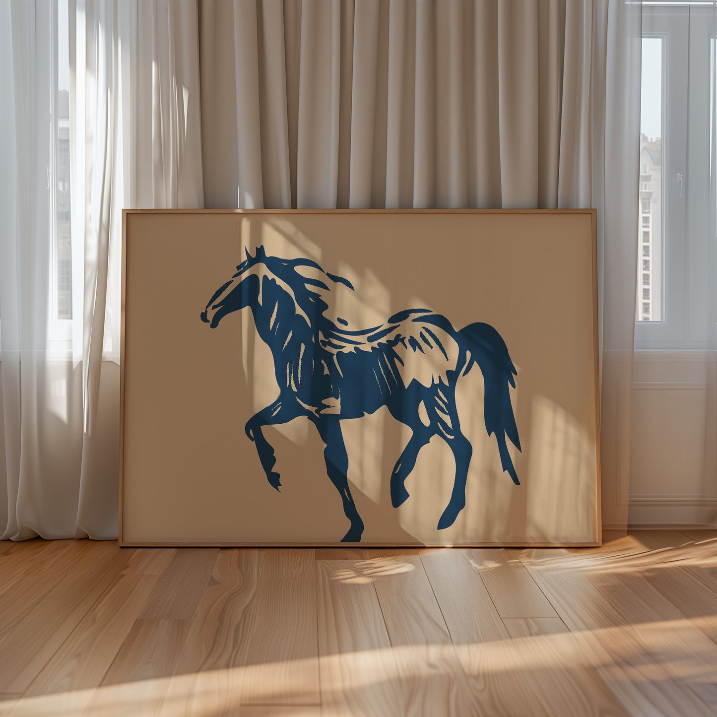 Wild Horse Silhouette Art – Western Mustang Wall Decor in Navy & Beige