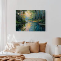 Sunlit Waters Between Tall Pines