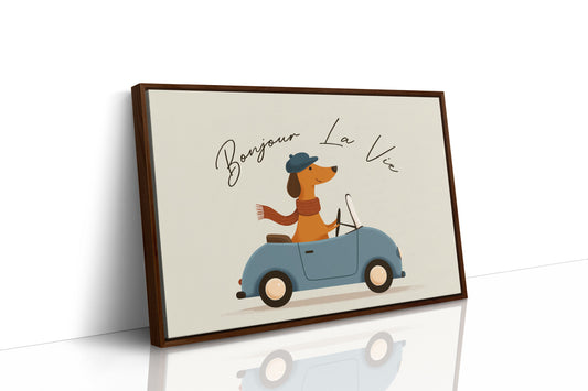 Bonjour La Vie Canvas Art | French Dachshund Driving Convertible Print for Living Room, Office or Dog Lover Décor