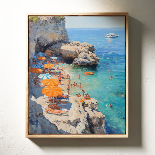 Orange Umbrellas Line Mediterranean Shores