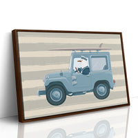Surfing Seagull Canvas Art | Coastal Bird Driving Jeep with Surfboard Print for Beach House, Kids Room or Nautical Décor