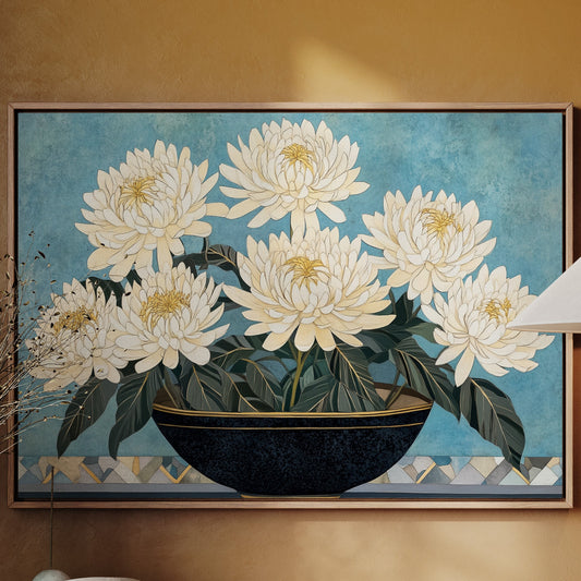 White Chrysanthemums Meet Midnight Bowl