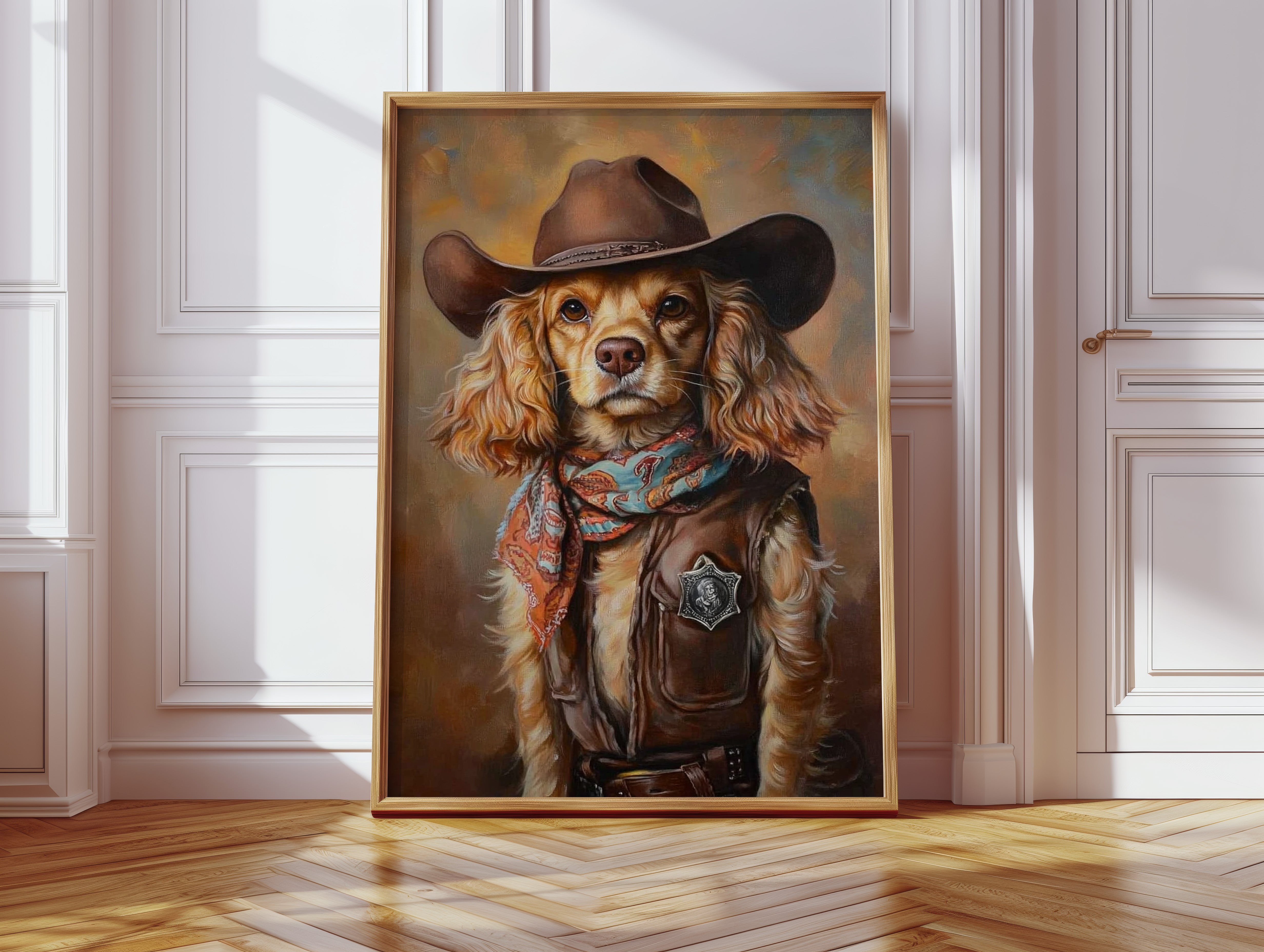 Cocker Spaniel Sheriff in Turquoise and Rust