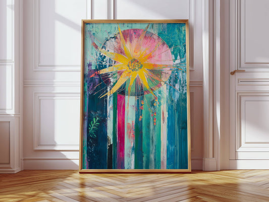 Sunflower Bursts Through Turquoise Rain