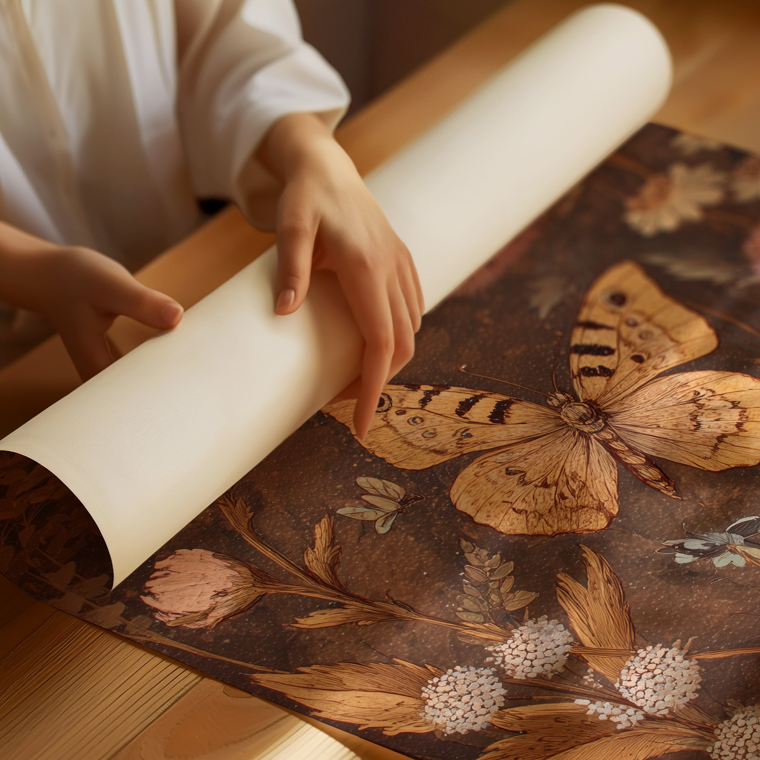 Golden Moths Among Vintage Blooms