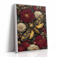 Golden Moth Among Crimson Blooms