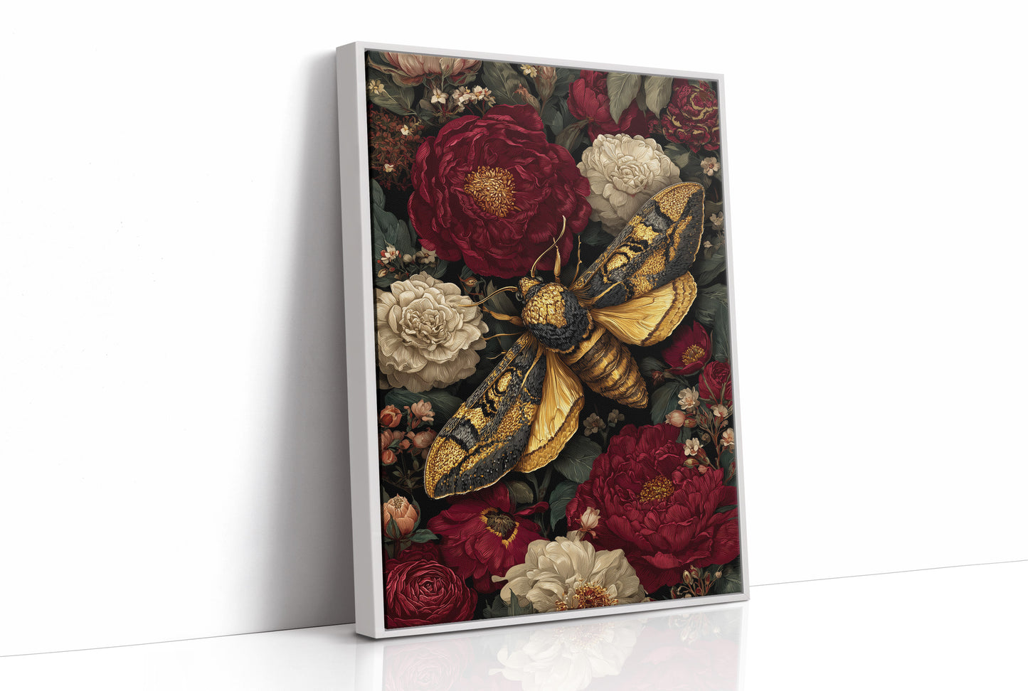Golden Moth Among Crimson Blooms