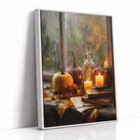 Pumpkins Glow By Rainy Window