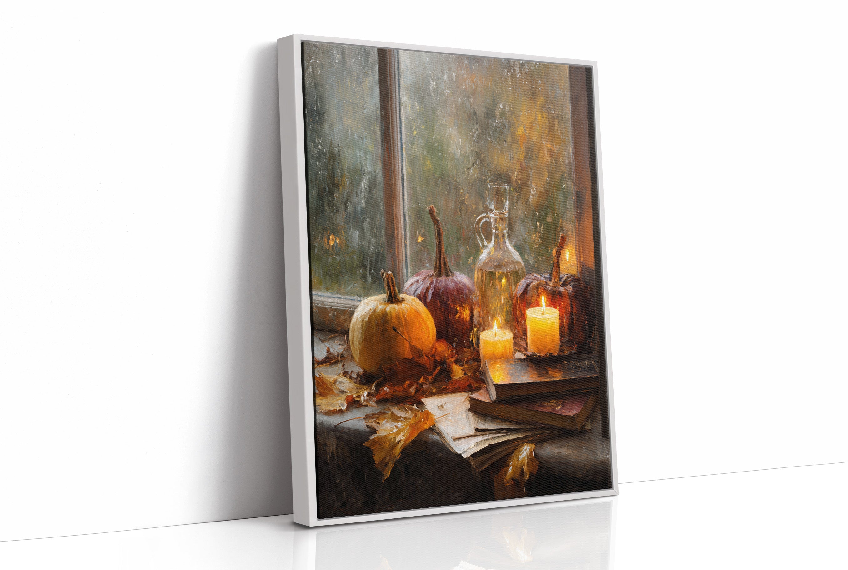 Pumpkins Glow By Rainy Window
