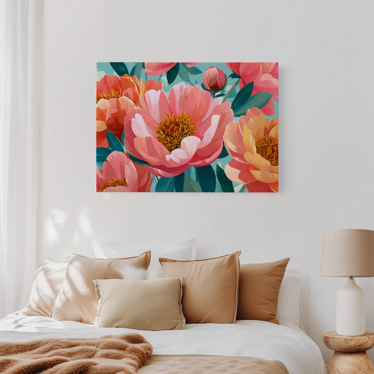 Coral Peonies Dance In Turquoise