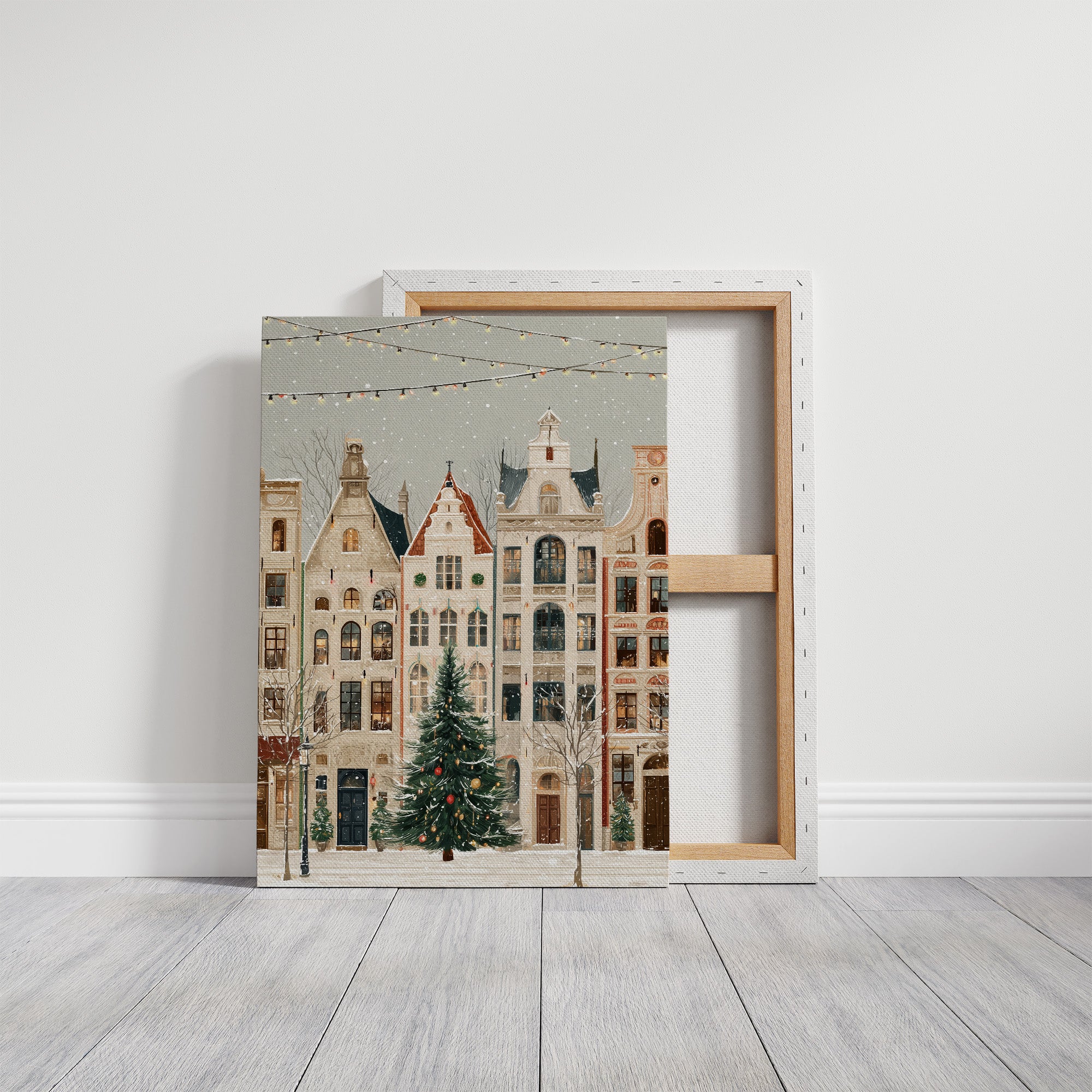 Festive Canal Houses Beneath Winter's Veil
