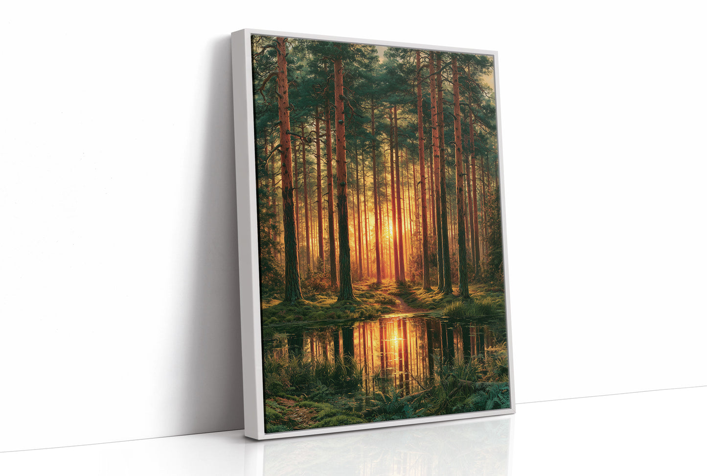 The Sunlit Path: Pine Forest Reflection at Dusk