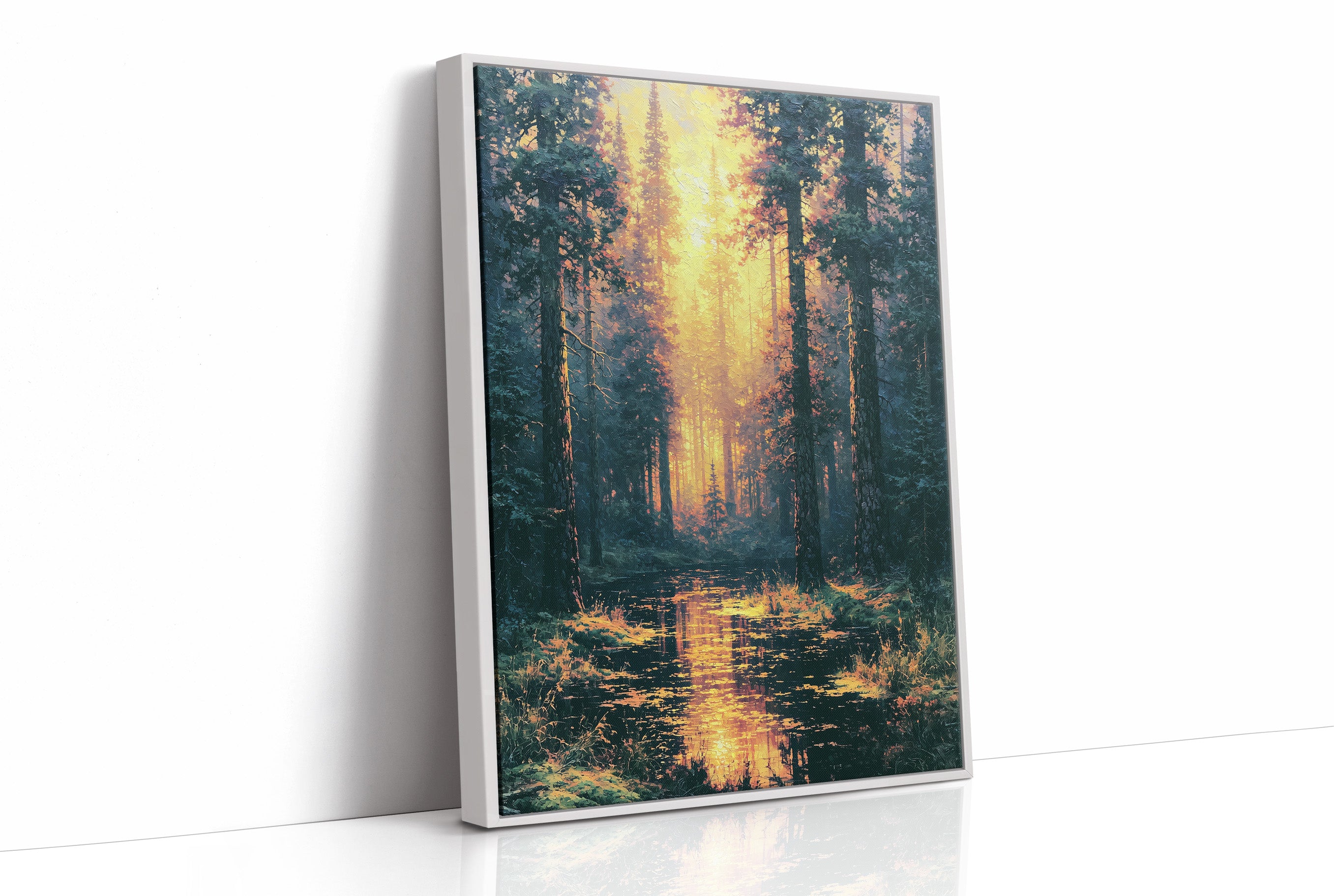 Blazing Grove: Impasto Forest Stream at Sunset