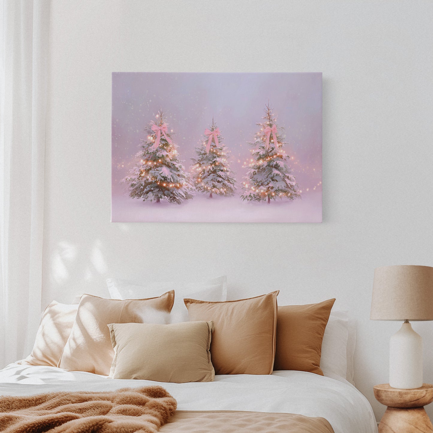 Pink Bows Dance Through Snow Light