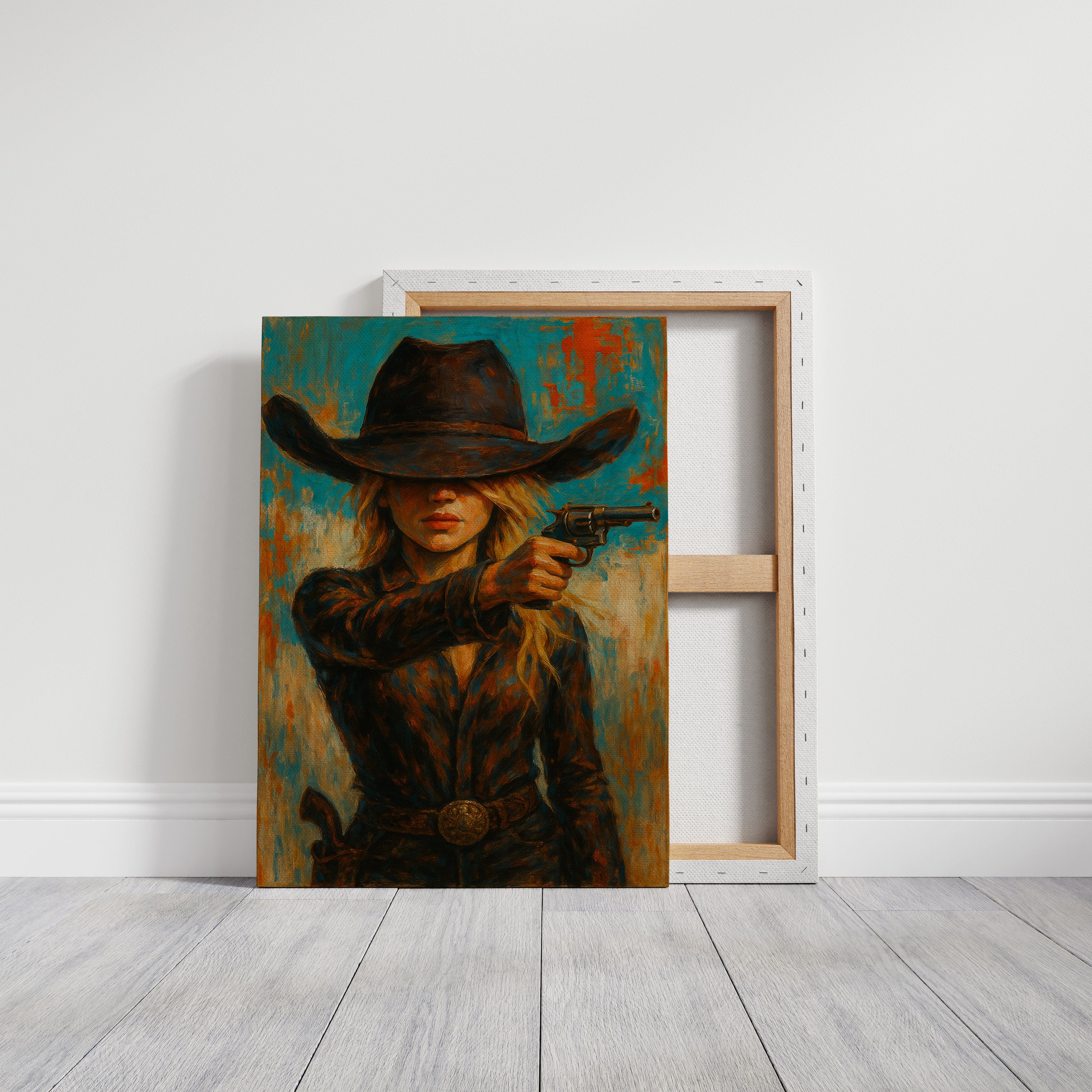 Western Grit: Cowgirl With Revolver Canvas Art
