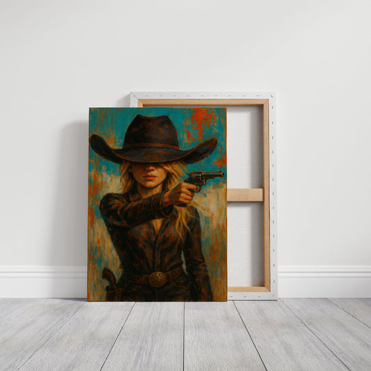 Western Grit: Cowgirl With Revolver Canvas Art