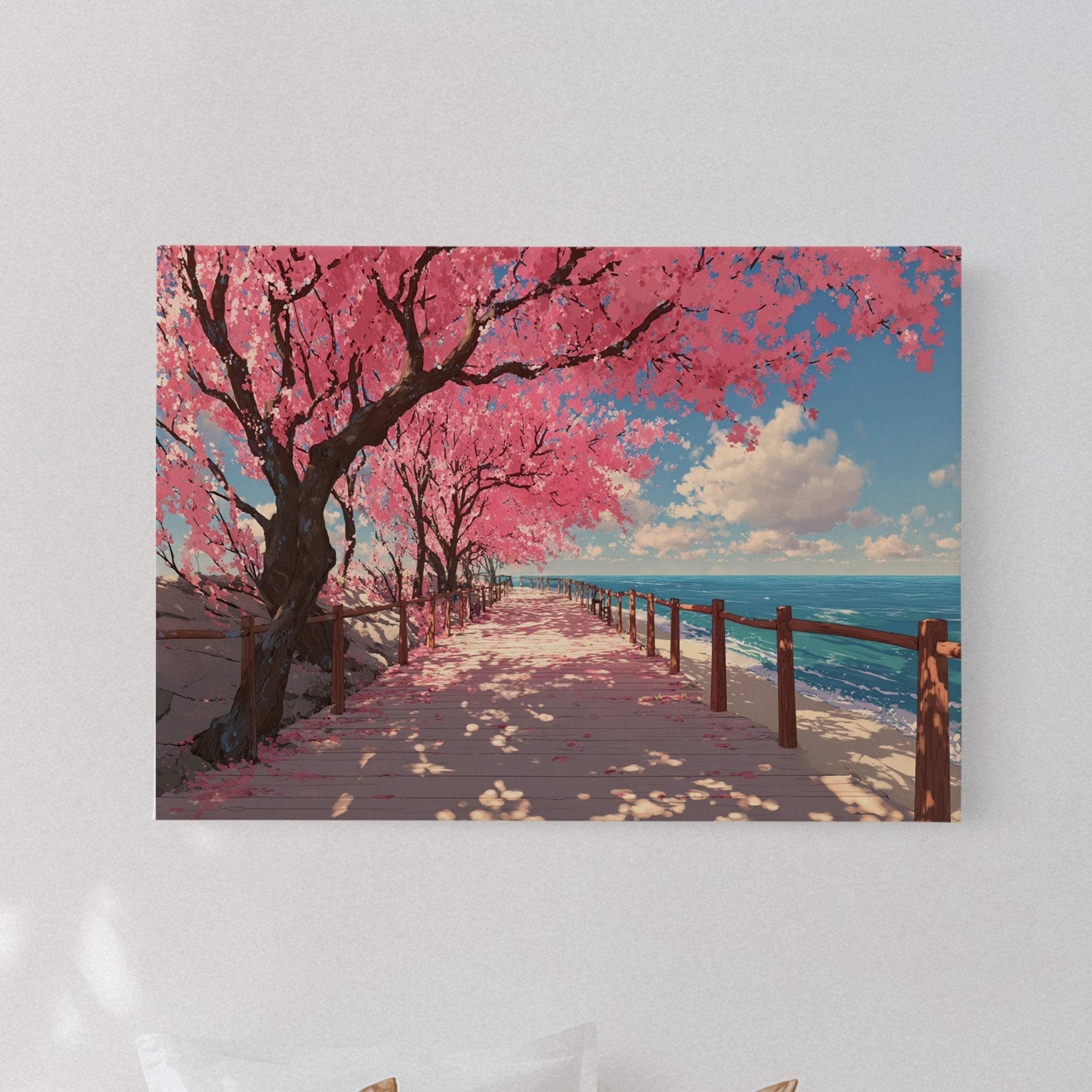 Cherry Blossoms Dance Above Ocean Paths