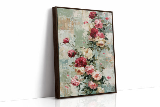Climbing Roses on Plaster — Crimson Drip Impasto Painting