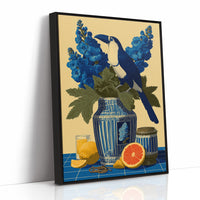 Toucan and Blue Delphiniums
