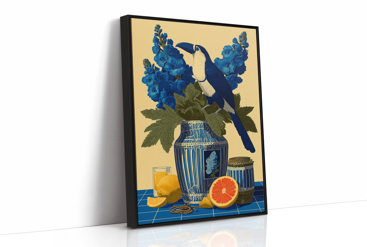 Toucan and Blue Delphiniums