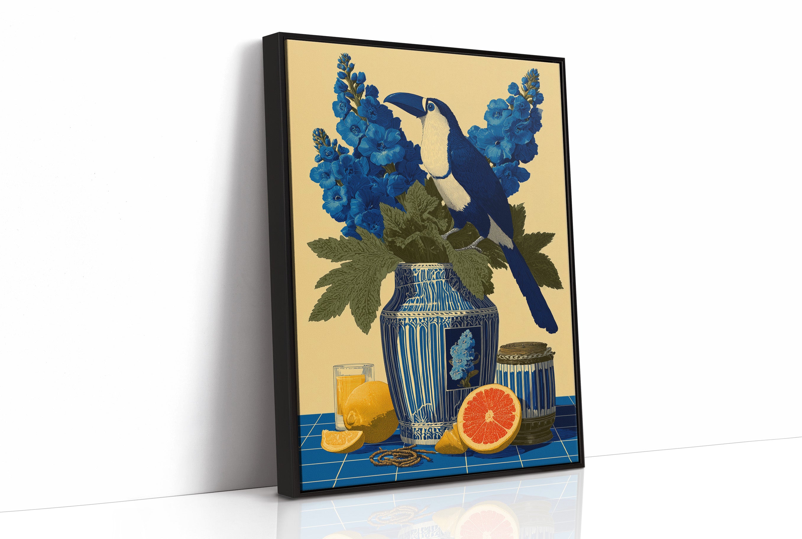 Toucan and Blue Delphiniums