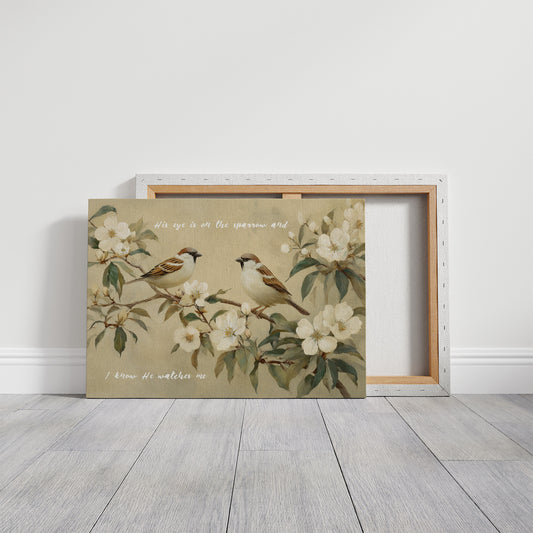 Sparrows Rest Among Blossom Branches