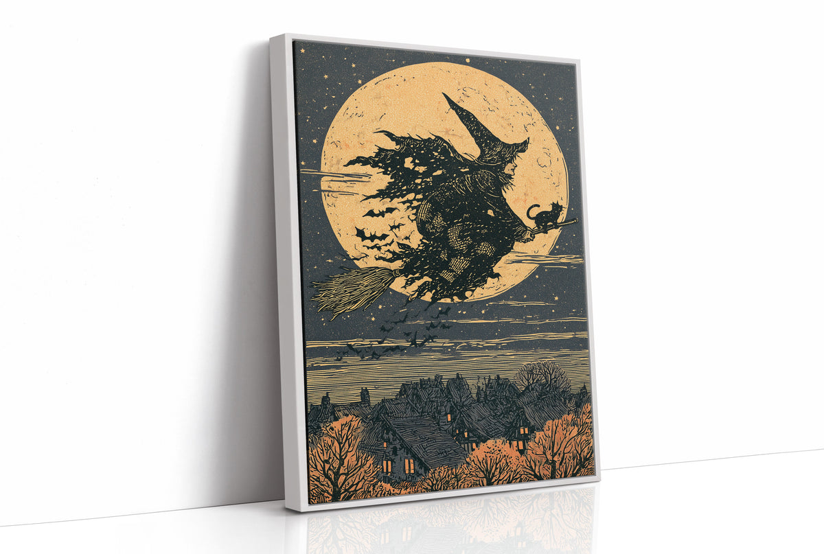 Broomstick Silhouette Over Village