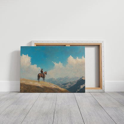 Lone Cowboy on Horseback – Western Mountain Landscape Wall Art Print