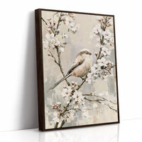 Long-Tailed Tit in Cherry Blossoms — Grey Taupe Oil Painting