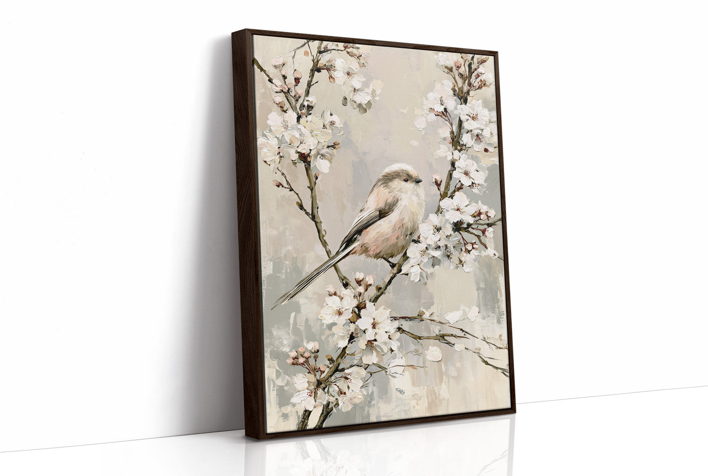 Long-Tailed Tit in Cherry Blossoms — Grey Taupe Oil Painting