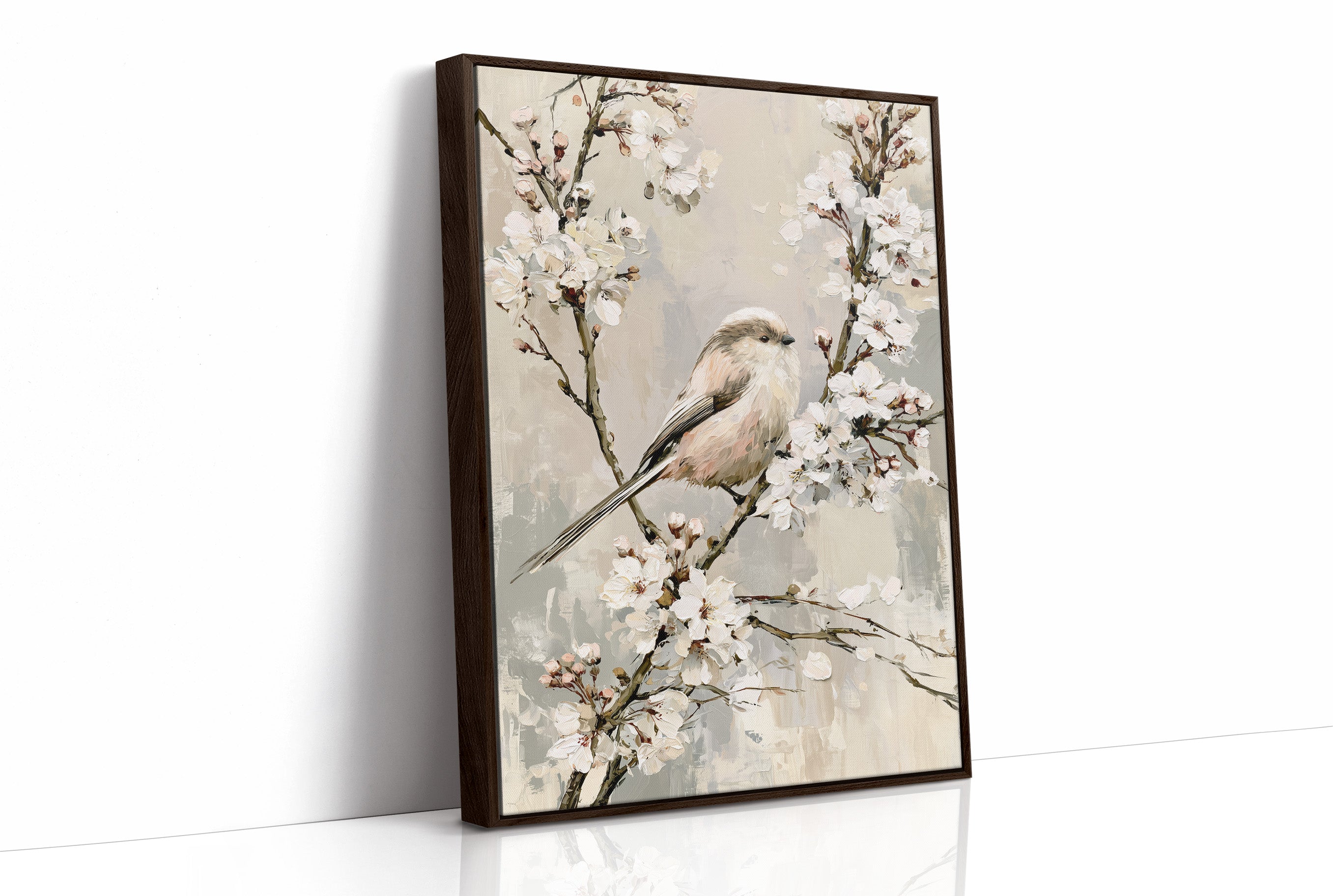 Long-Tailed Tit in Cherry Blossoms — Grey Taupe Oil Painting