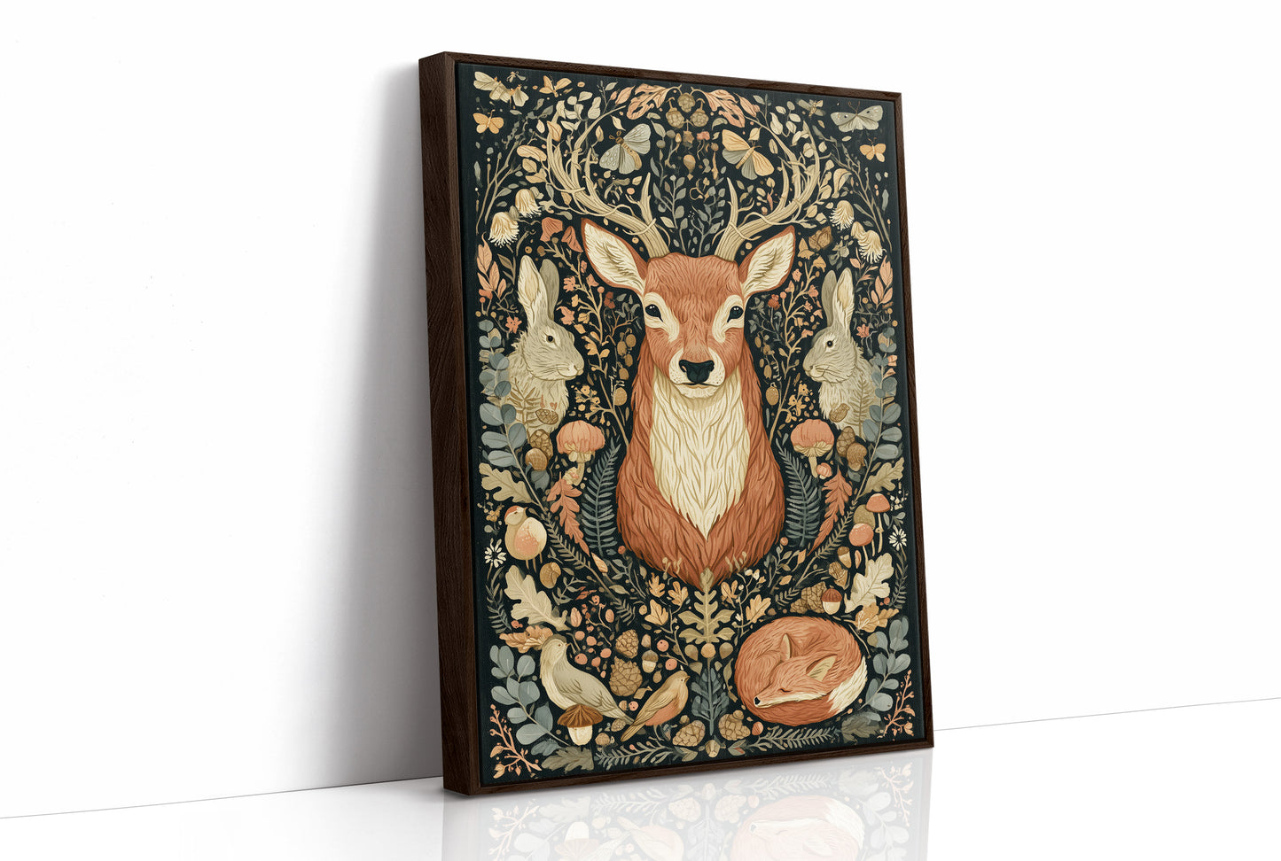 Woodland Tapestry — Dark Folk Art Deer and Forest Creatures