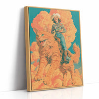 Cowgirl on a Giant Cat — Retro Surrealist Western Print