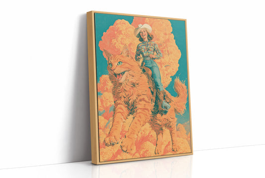 Cowgirl on a Giant Cat — Retro Surrealist Western Print