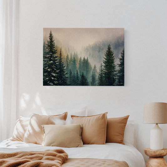 Snow Dances Through Evergreen Light