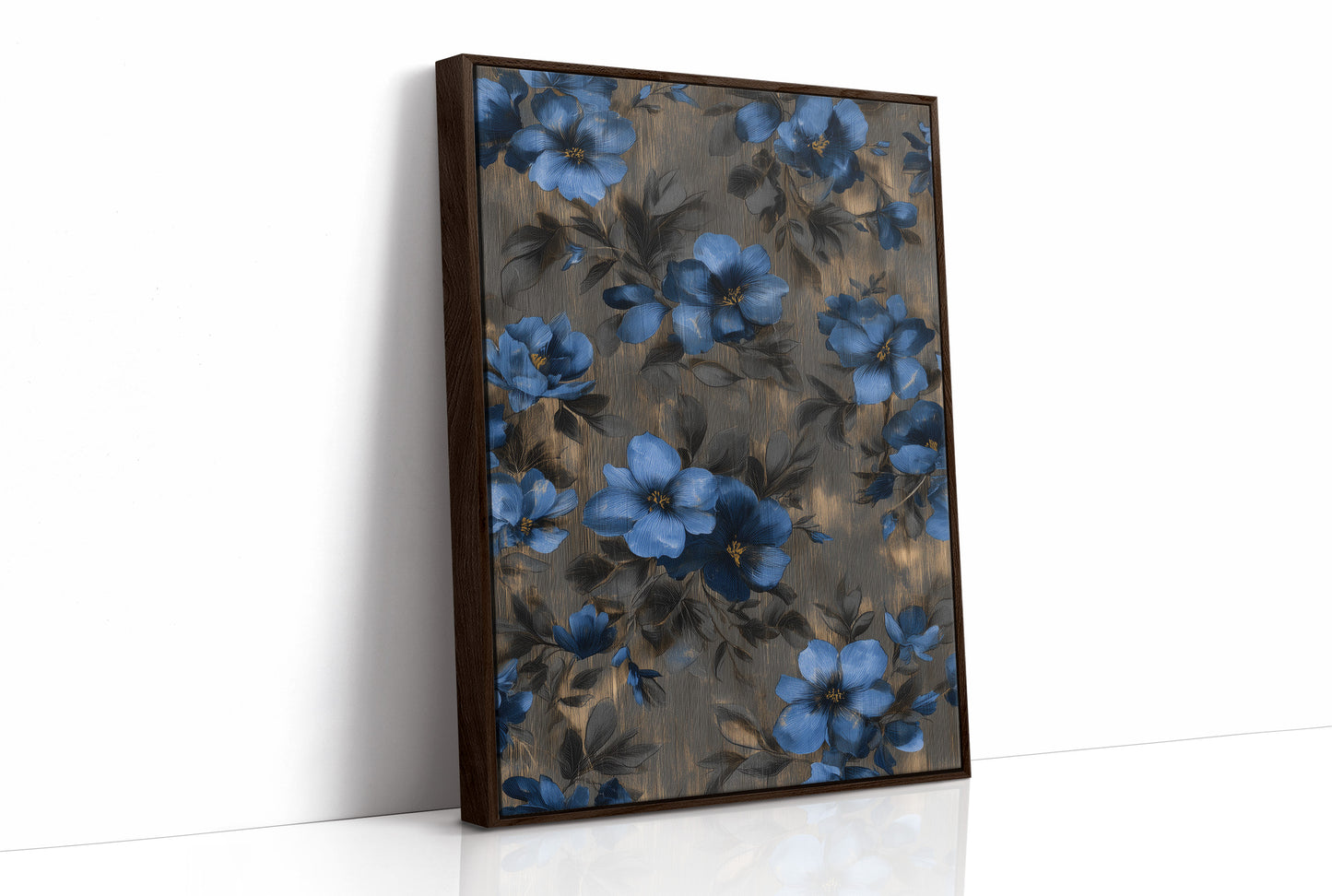 Midnight Blooms Against Golden Wood