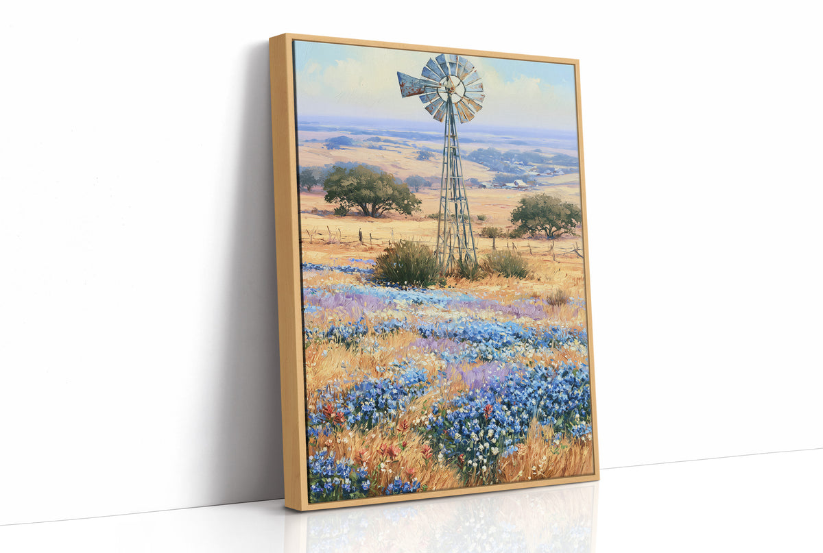 Windmill and Bluebonnets — Texas Hill Country Oil Print