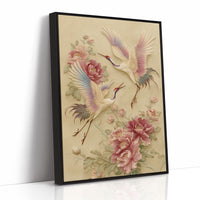 Graceful Cranes Among Peony Blooms