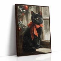 Midnight Cat Wears Holiday Ribbons
