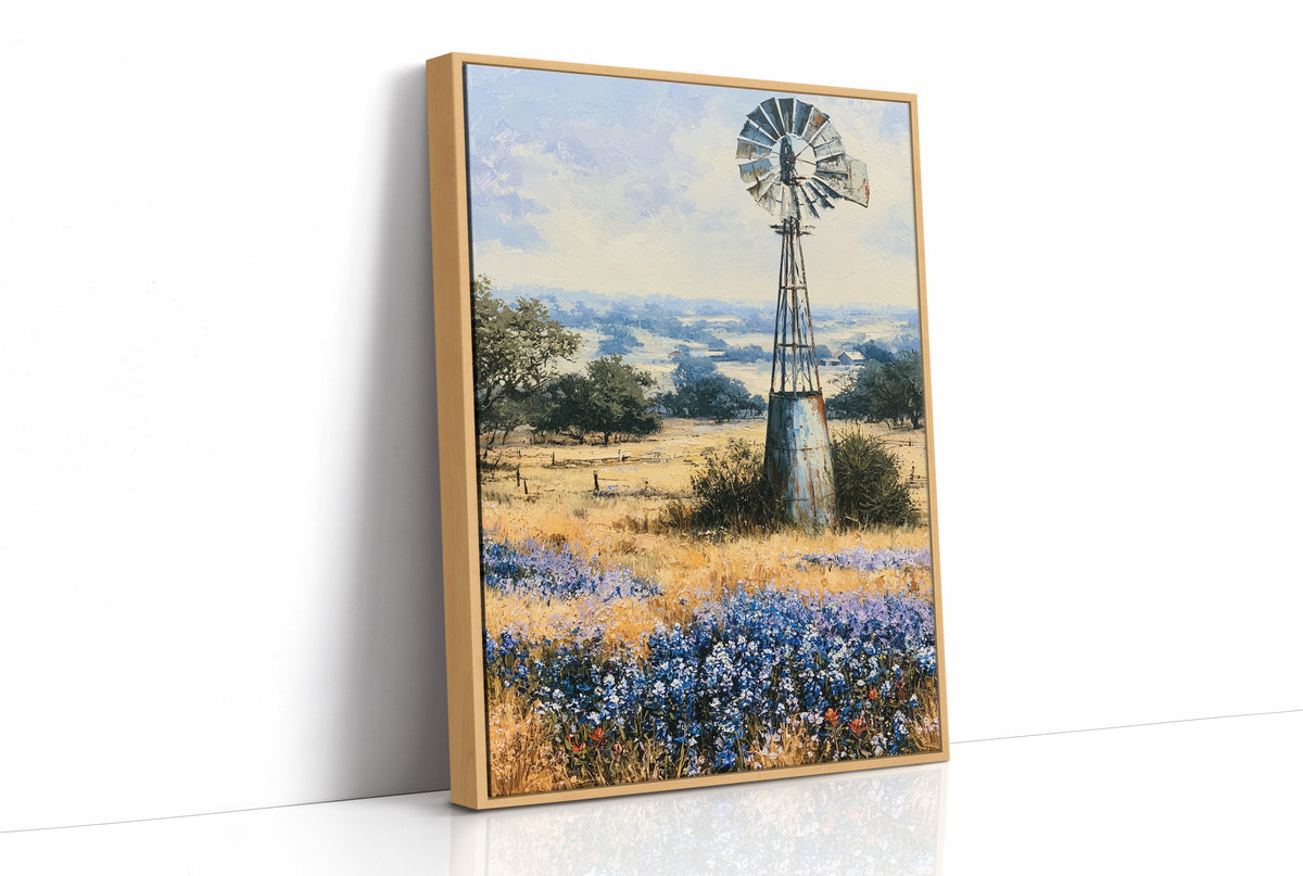 Windmill and Bluebonnets — Midday Hill Country Oil Print