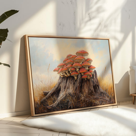 Red Mushrooms Crown Ancient Stump