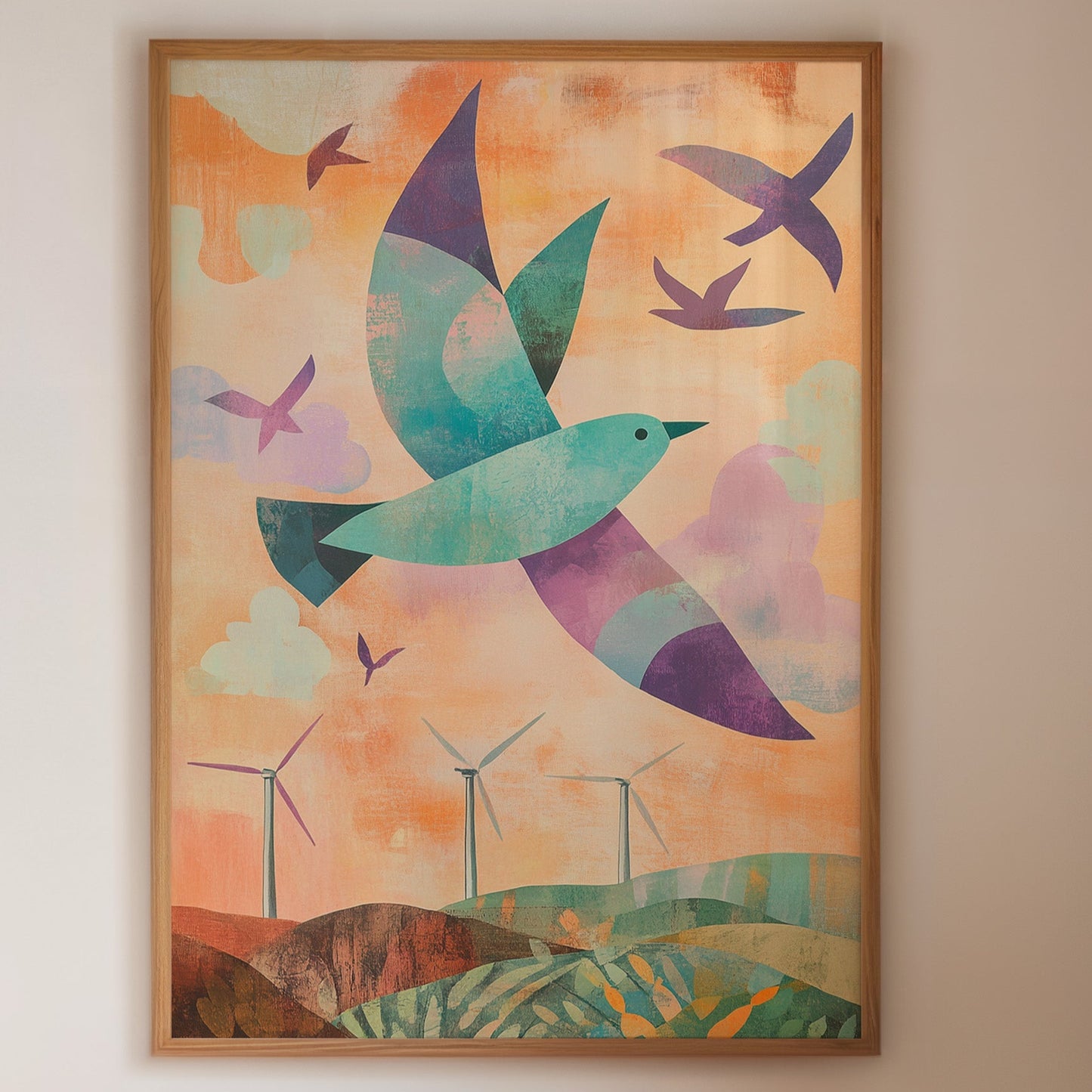 Birds Soar Above Wind Farm Dawn