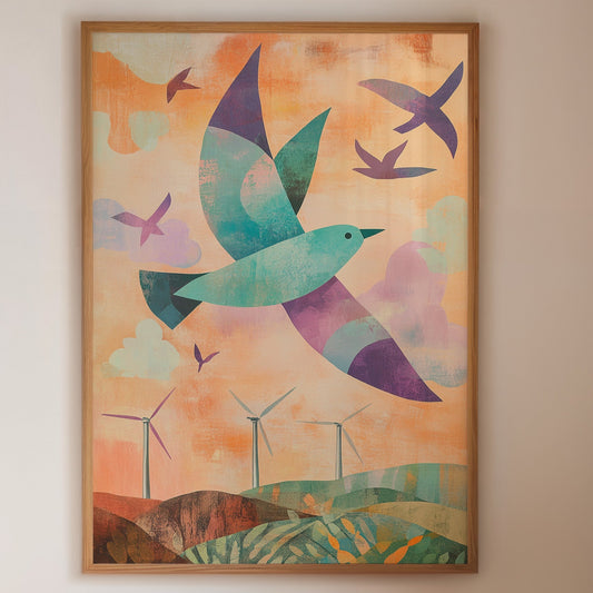 Birds Soar Above Wind Farm Dawn