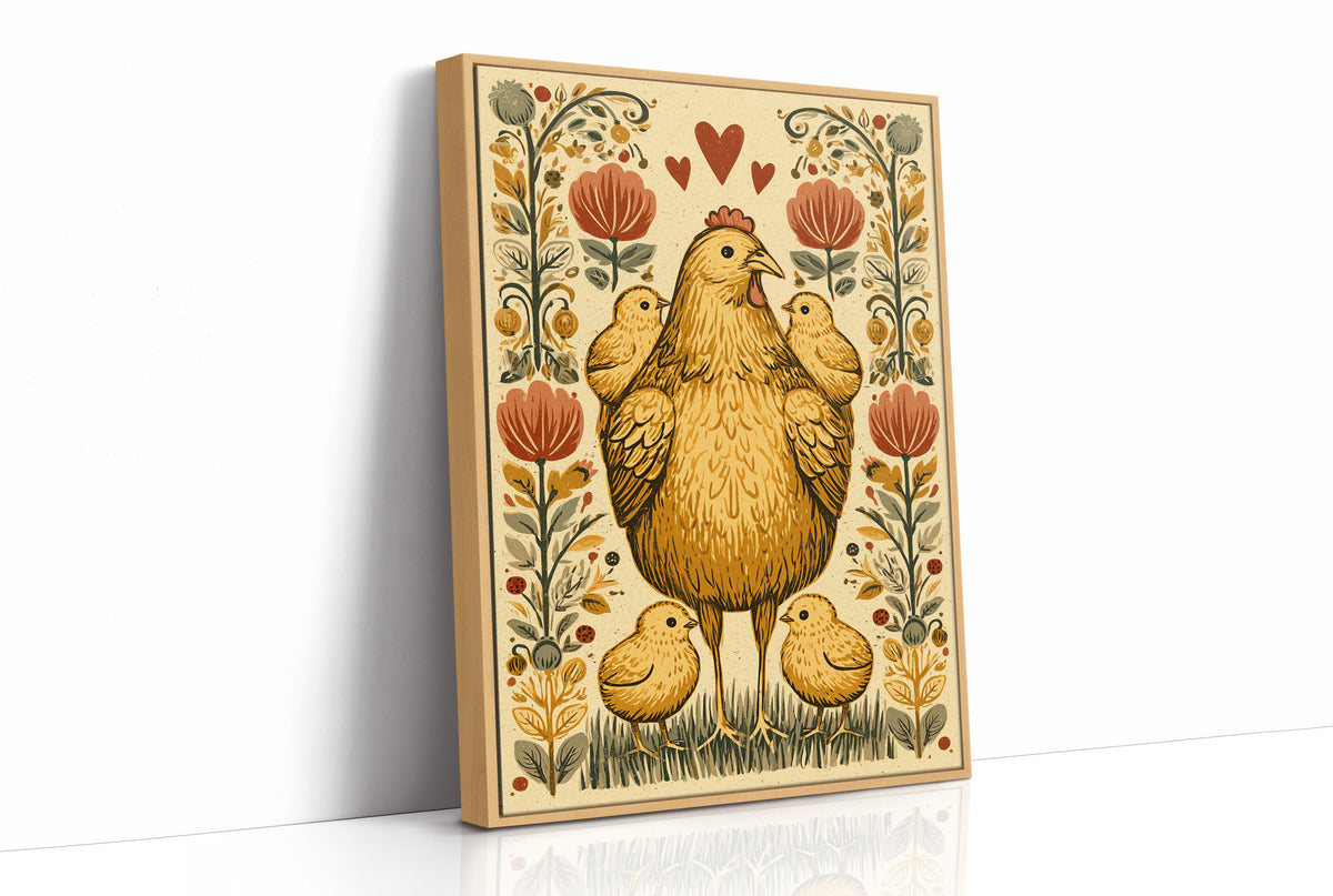 Mother Hen and Chicks — Folk Art Farmhouse Print