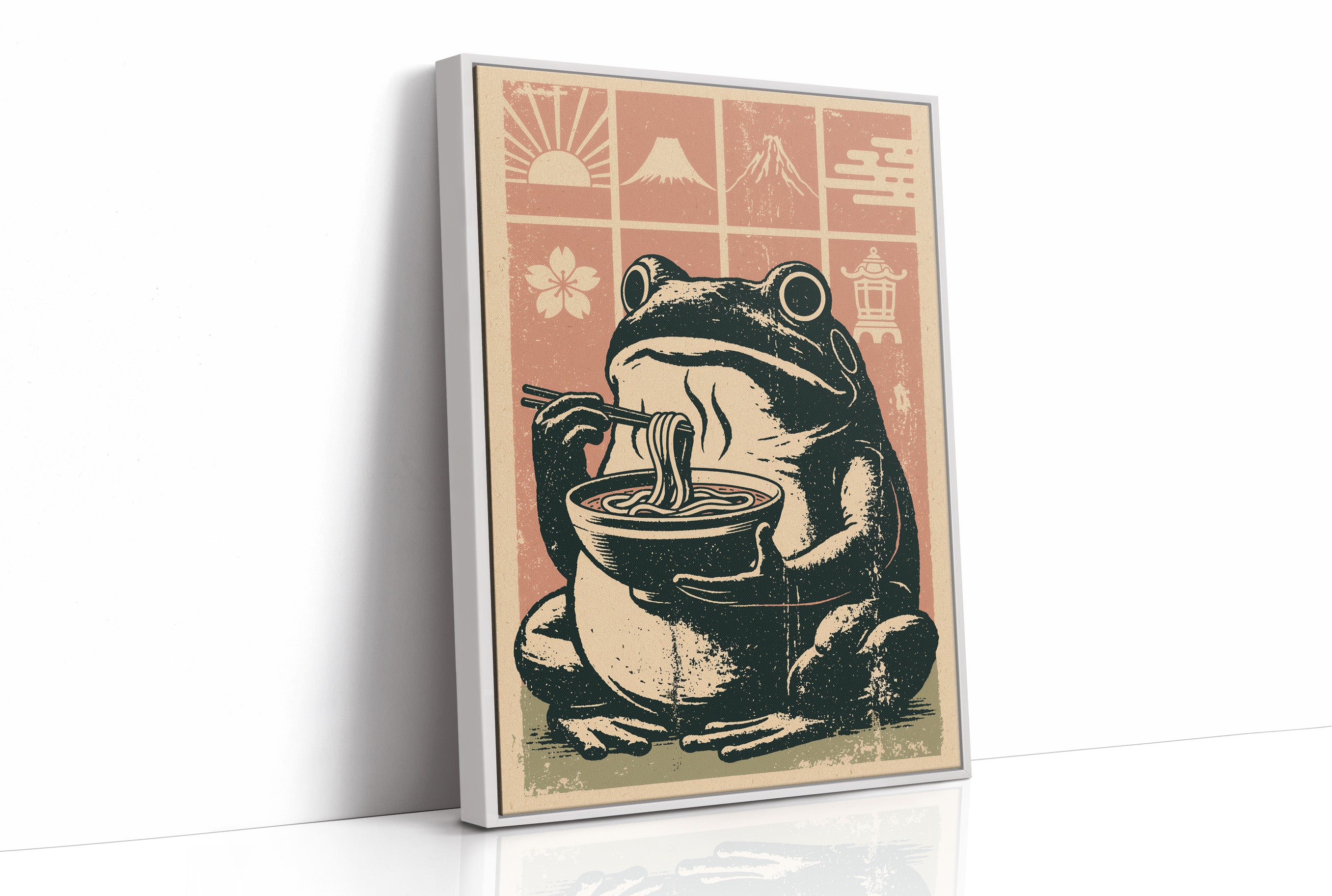 Steamy Ramen Toad: A Woodblock Frog's Slurp