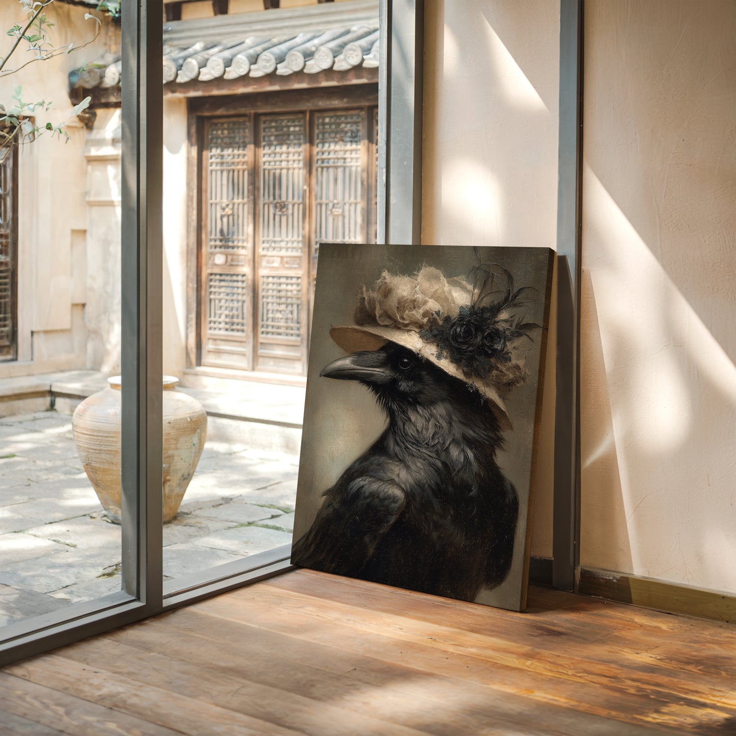 Regal Raven in a Floral Hat