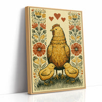 Mother Hen and Chicks — Poppy Border Folk Art Print