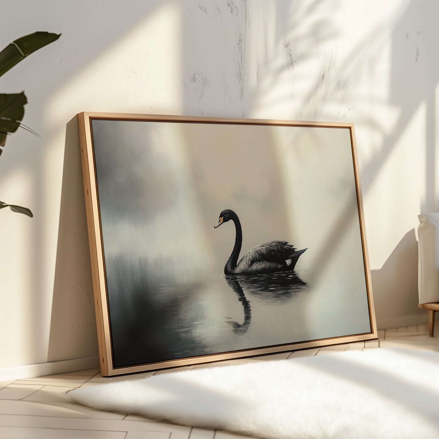 Black Swan Glides Through Morning Fog