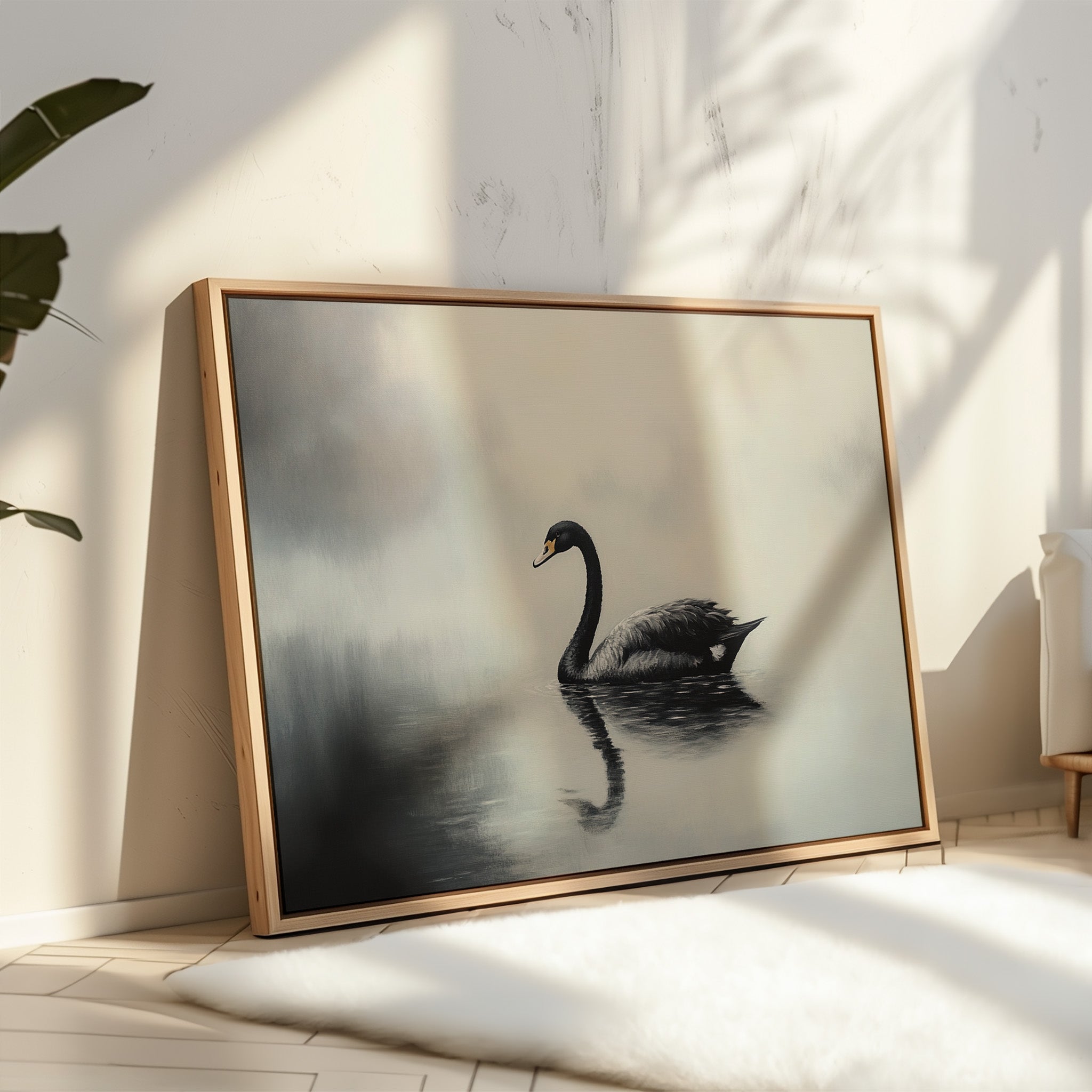 Black Swan Glides Through Morning Fog